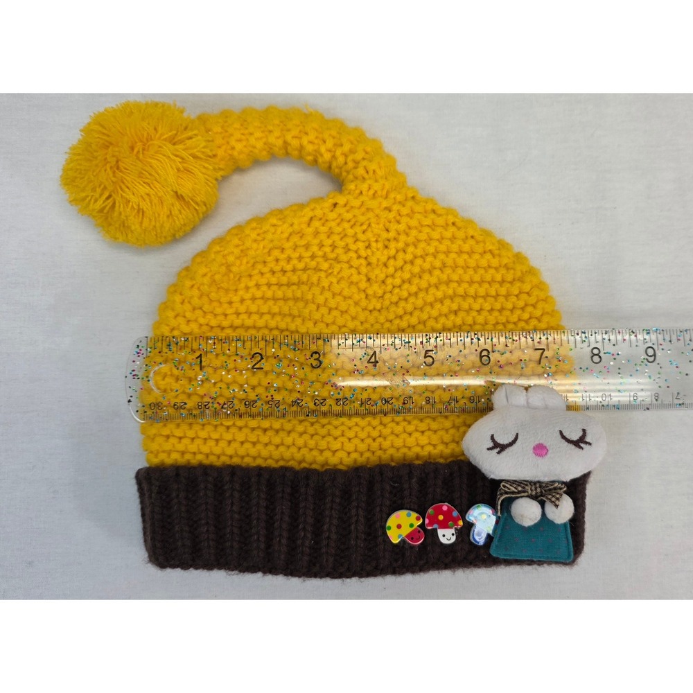 Kids Yellow Knit Bunny Beanie Mushroom Accents Pom Pom Tail Winter Hat - Picture 5 of 6